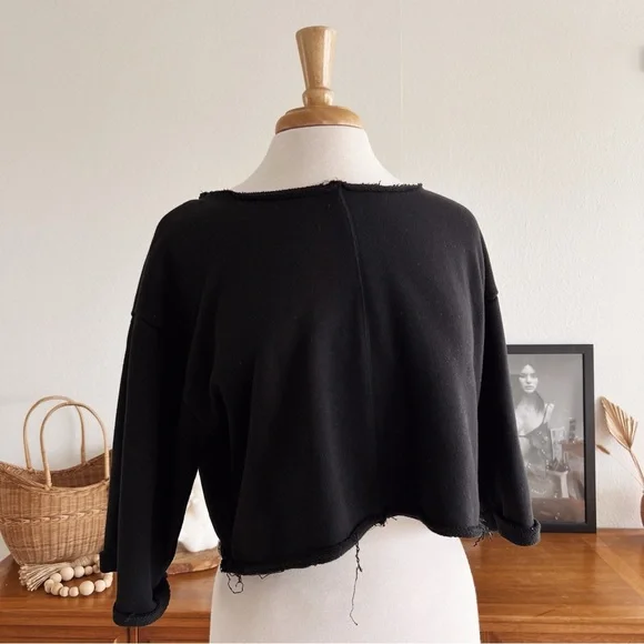 BLACK DISTRESSED CROPPED SWEATSHIRT TOP #0327 - Picture 1 of 8